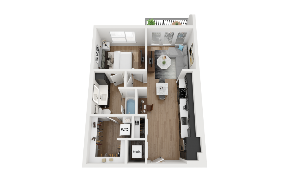 A1 - 1 bedroom floorplan layout with 1 bathroom and 638 square feet