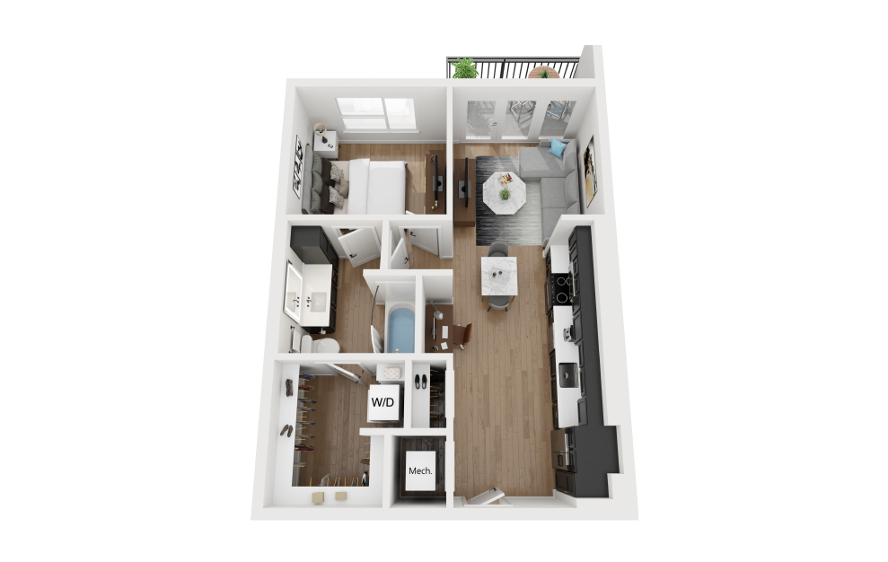 A1 - 1 bedroom floorplan layout with 1 bath and 638 square feet.