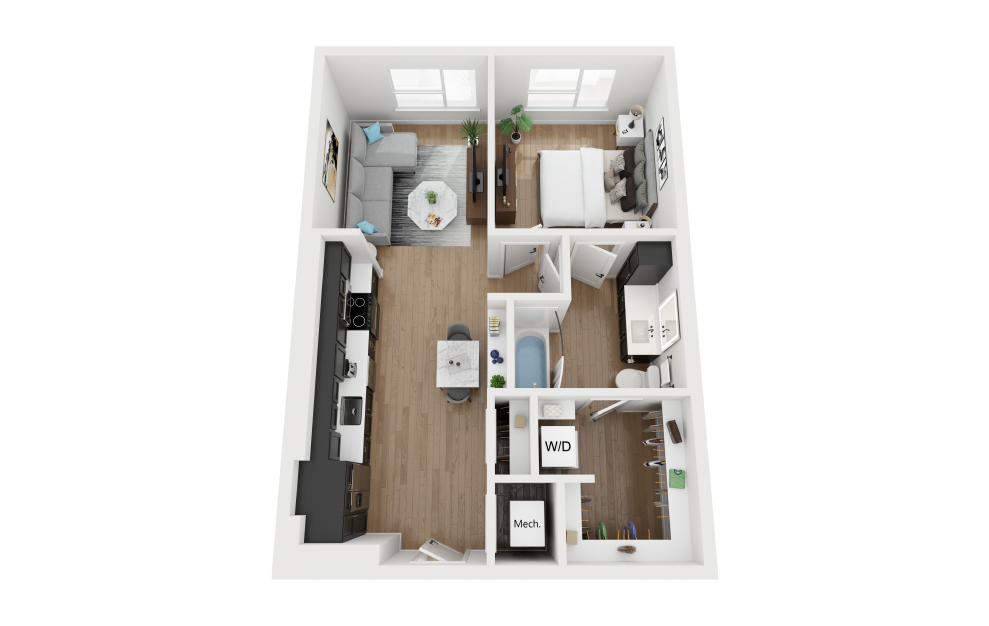 A1.1 - 1 bedroom floorplan layout with 1 bath and 684 square feet.