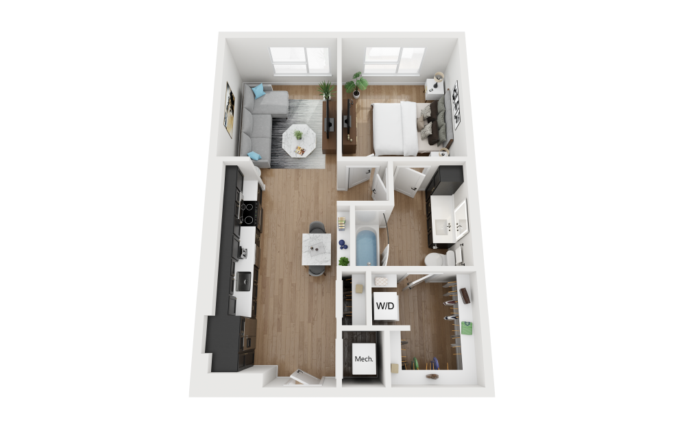 A1.1 - 1 bedroom floorplan layout with 1 bathroom and 684 square feet