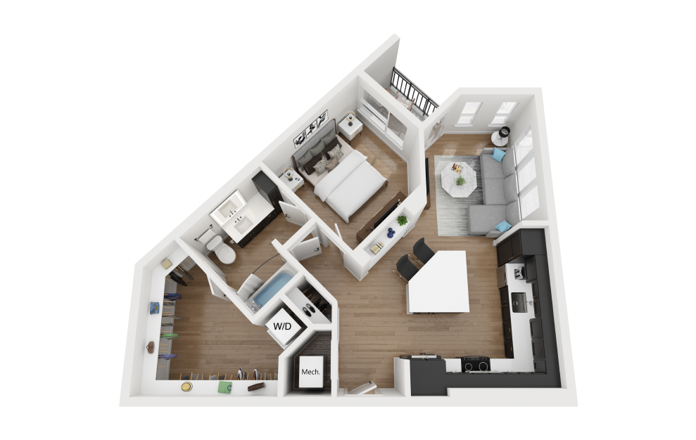 A4 - 1 bedroom floorplan layout with 1 bath and 735 square feet.