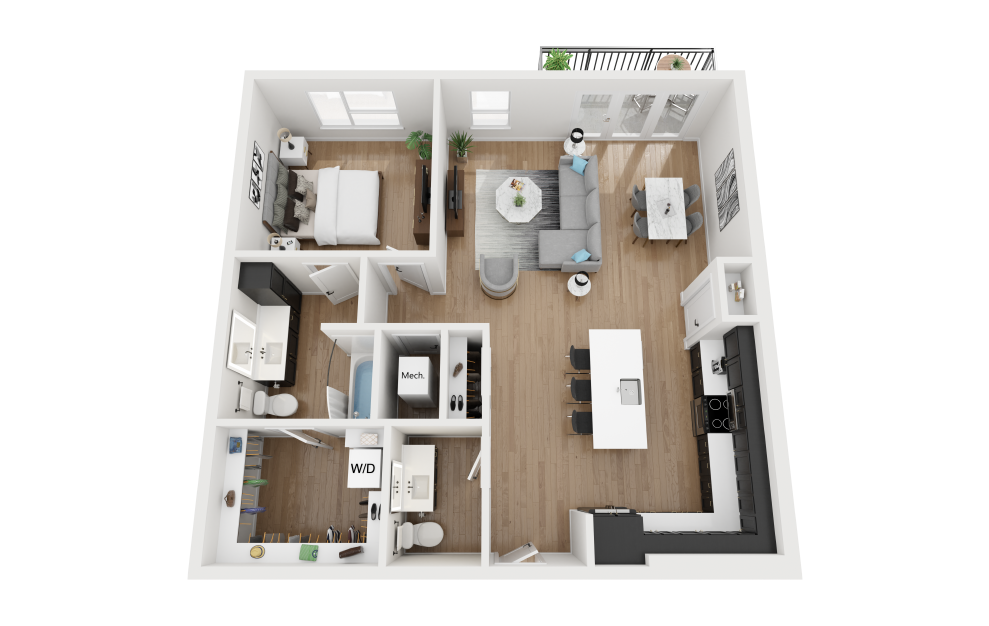 A6 - 1 bedroom floorplan layout with 1.5 bath and 1001 square feet.