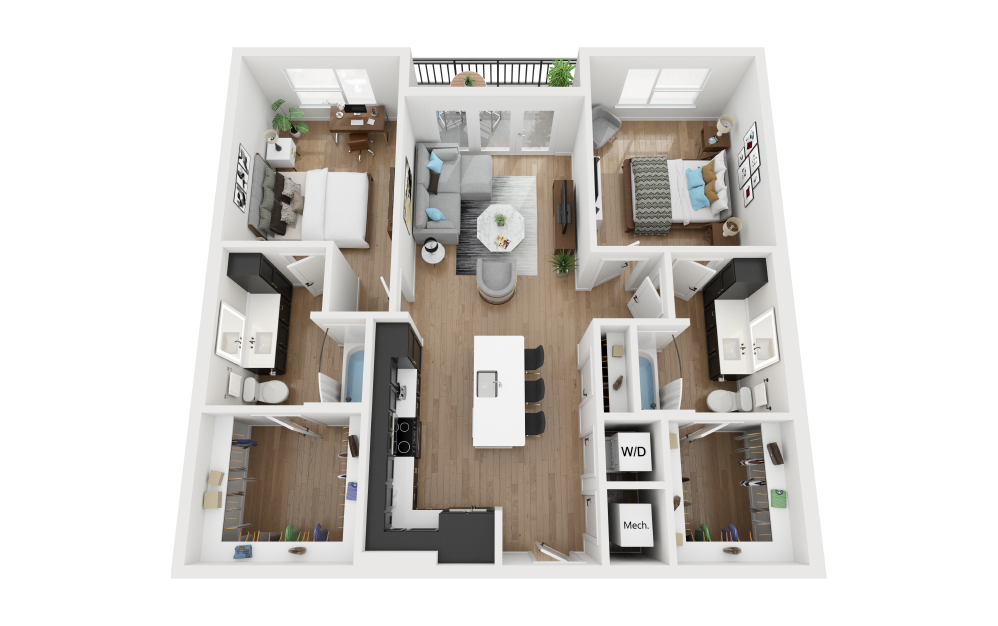 B1 - 2 bedroom floorplan layout with 2 bathrooms and 1115 square feet