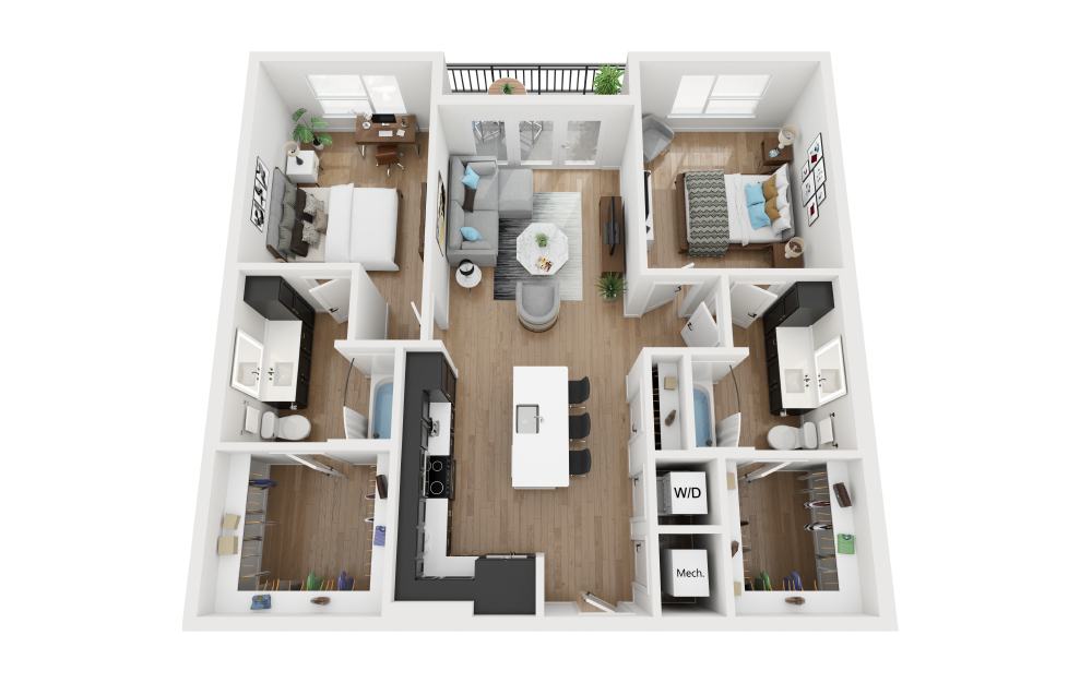 B1 - 2 bedroom floorplan layout with 2 baths and 1115 square feet.
