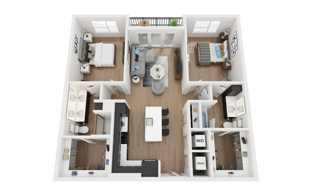 B1.2 - 2 bedroom floorplan layout with 2 bathrooms and 1188 square feet