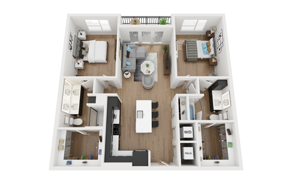 B1.2 - 2 bedroom floorplan layout with 2 baths and 1188 square feet.