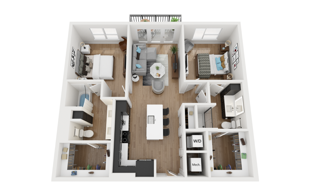 B1.2A - 2 bedroom floorplan layout with 2 baths and 1224 square feet.