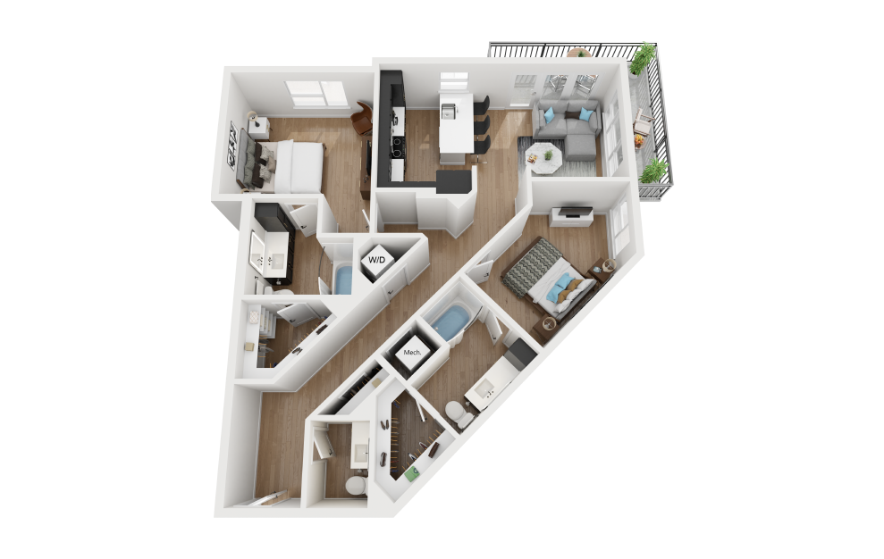 B2 - 2 bedroom floorplan layout with 2.5 baths and 1229 square feet.