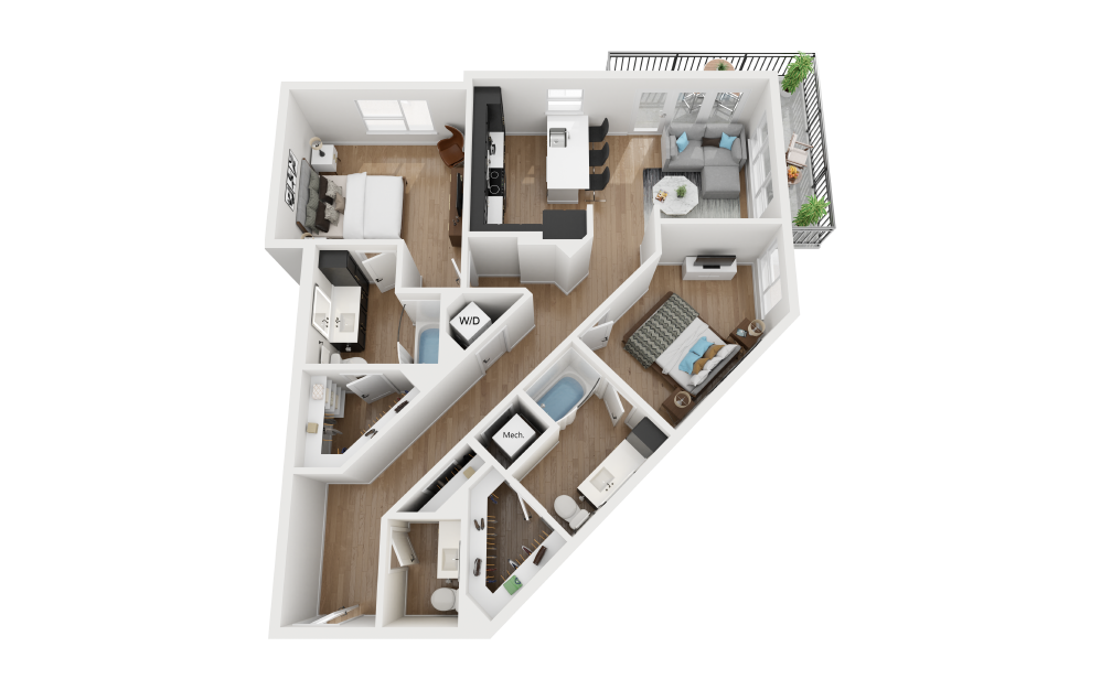 B2 - 2 bedroom floorplan layout with 2.5 bathrooms and 1229 square feet