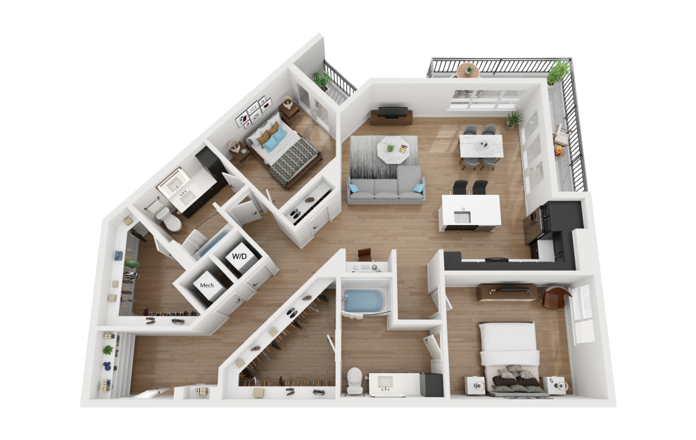 B3 - 2 bedroom floorplan layout with 2 baths and 1393 square feet.