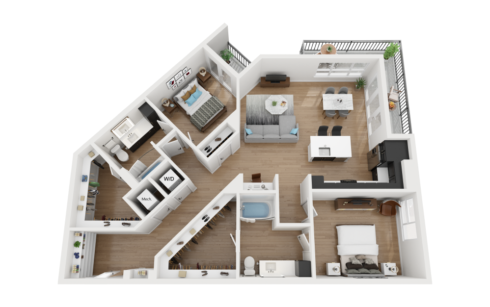 B3 - 2 bedroom floorplan layout with 2 bathrooms and 1393 square feet