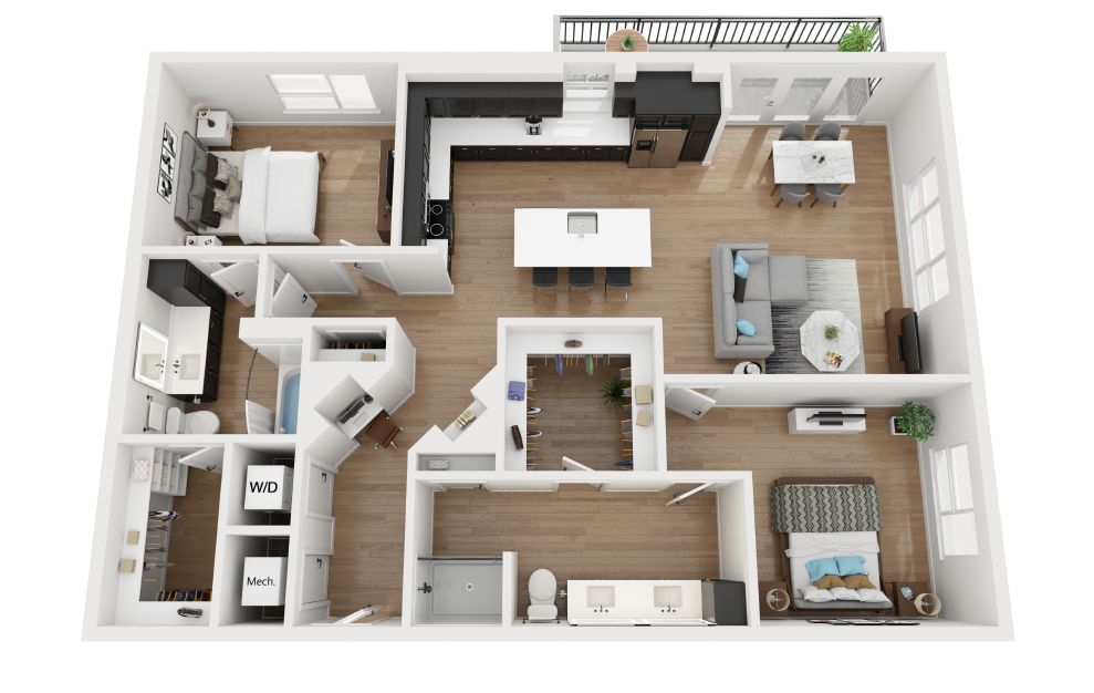 B4 - 2 bedroom floorplan layout with 2 baths and 1366 square feet.