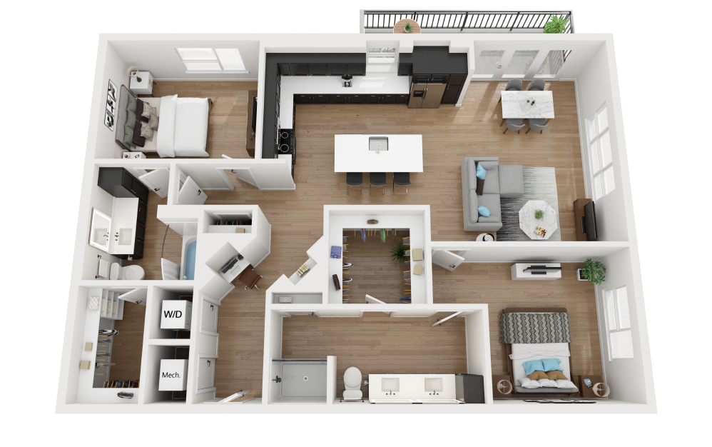 B4 - 2 bedroom floorplan layout with 2 bathrooms and 1366 square feet