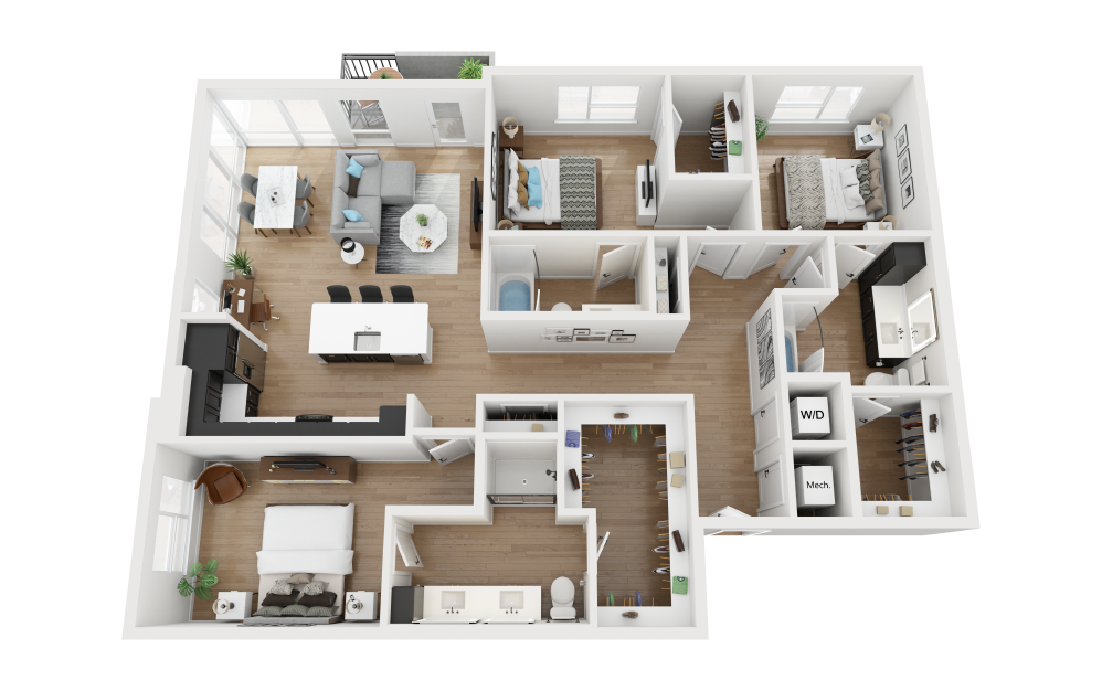 C5 - 3 bedroom floorplan layout with 3 bathrooms and 1614 square feet