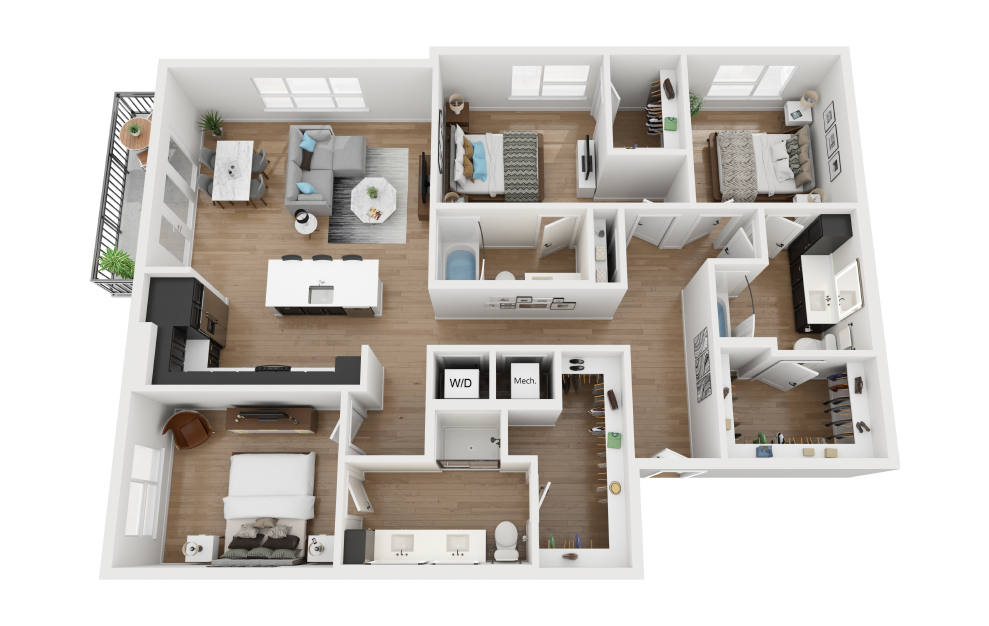 C5.1 - 3 bedroom floorplan layout with 3 baths and 1566 square feet.