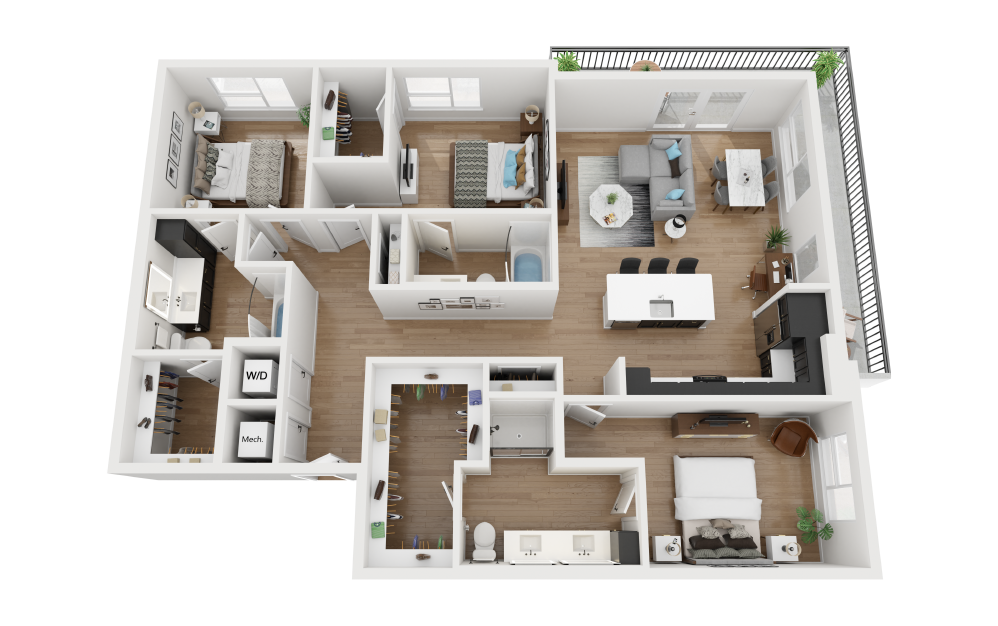 C5.2 - 3 bedroom floorplan layout with 3 bathrooms and 1613 square feet