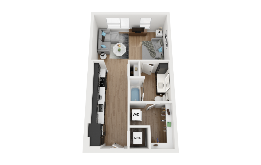 S1 - Studio floorplan layout with 1 bath and 558 square feet.
