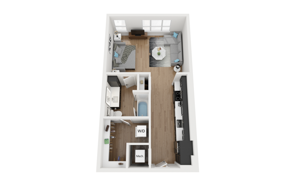 S1.1 - Studio floorplan layout with 1 bath and 594 square feet.